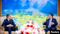 Secretary of State Antony Blinken meets with Vietnamese Prime Minister Pham Minh Chinh at the Office of the Government in Hanoi, Vietnam, Saturday, April 15, 2023. Andrew Harnik/Pool via REUTERS