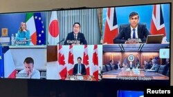 Dirigentes do G7 em reunião virtual, Bélgica, 14 abril 2024. (Charles Michel via X via Reuters) 