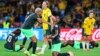 Nigeria's Onome Ebi, left, and Nigeria's Osinachi Ohale celebrate at the end of the Women's World Cup Group B soccer match between Australia and Nigeria In Brisbane, Australia, July 27, 2023. Ohale scored once and Nigeria won 3-2.