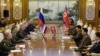 This handout picture taken July 26, 2023, and released by the Russian Defense Ministry shows Russian Defense Minister Sergei Shoigu meeting his North Korean counterpart, Kang Sun Nam, in Pyongyang.