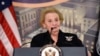 FILE - Former U.S. Secretary of State Madeleine Albright speaks at a reception celebrating the completion of the U.S. Diplomacy Center Pavilion at the State Department in Washington, Jan. 10, 2017. 