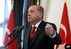 Turkey's President Recep Tayyip Erdogan addresses the country's governors at his palace in Ankara, Turkey, Oct. 12, 2017.