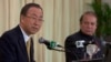 United Nations Secretary-General Ban Ki-moon (L) speaks with Pakistan's Prime Minister Nawaz Sharif during a joint news conference at the Prime Minister's residence in Islamabad, August 14, 2013.