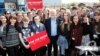 Jeremy Corbyn, the leader of Britain's opposition Labour Party, poses for a picture with first time voters at a campaign event in Garfoth, Leeds, May 10, 2017.