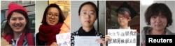 日前中国当局逮捕的5位反性骚扰活动人士：(左起)25岁的李婷婷、26岁的韦婷婷、32岁的王曼、25岁的郑楚然和30岁的武嵘嵘
