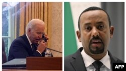 Presidente americano Joe Biden (esq) e primeiro-ministro etíope, Abiy Ahmed (esq)