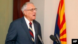 Former Sen. Jon Kyl, R-Ariz., talks about his appointment by Gov. Doug Ducey, R-Ariz., to fill Sen. John McCain's seat in the U.S. Senate at a news conference at the Arizona Capitol, Sept. 4, 2018.