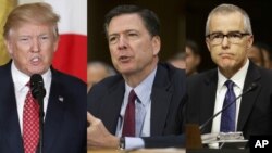 左图：美国总统川普。中图：前任联邦调查局局长科米。右图：代理联邦调查局局长麦凯布